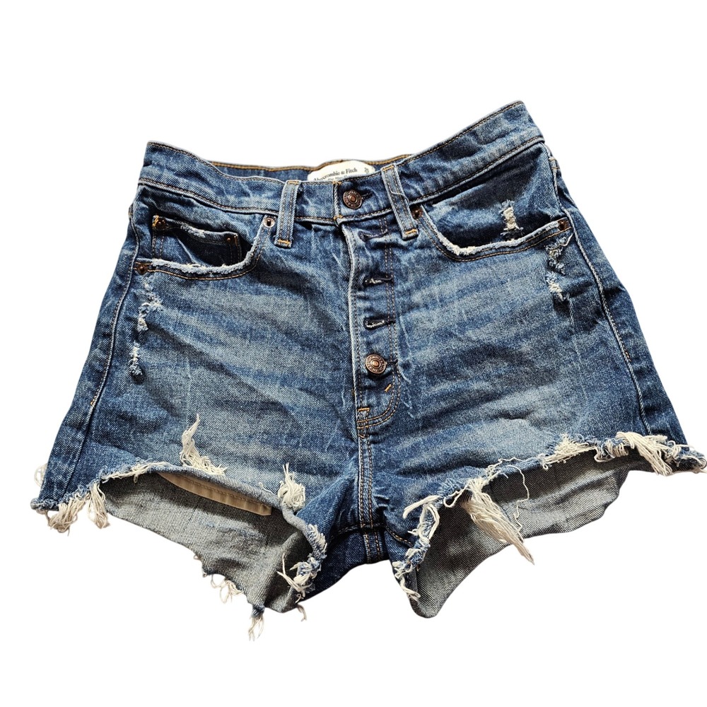 Abercrombie & Fitch High Rise Mom Short 25 0 Blue Distressed Denim Button Fly